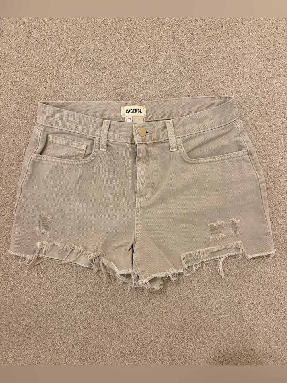 L’AGENCE Distressed Denim Cutoff Shorts Beige Size 27